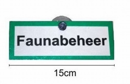 Bordje "Faunabeheer". 15 x 6 cm  met zuignap bevestiging